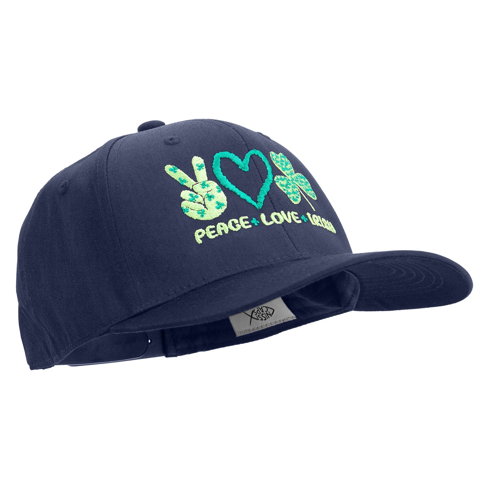 Peace Love Irish Embroidered Unconstructed high profile Cotton Flat Bill Cap